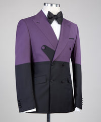 Modern Purple and Black Double-Breasted Peaked Lapel Prom Suit for Men