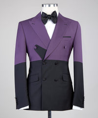 Modern Purple and Black Double-Breasted Peaked Lapel Prom Suit for Men