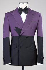 Modern Purple and Black Double-Breasted Peaked Lapel Prom Suit for Men