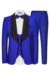 Modern Royal Blue Shawl Collar Three-Piece Wedding Attire