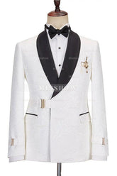 Modern White Jacquard Shawl Collar Wedding Suit with Gold Accent