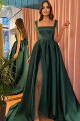 Modest Green A-Line Square Neckline Straps Prom Evening Dresses with Slit