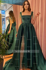 Modest Green A-Line Square Neckline Straps Prom Evening Dresses with Slit