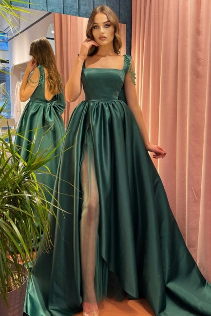 Modest Green A-Line Square Neckline Straps Prom Evening Dresses with Slit