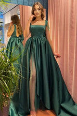 Modest Green A-Line Square Neckline Straps Prom Evening Dresses with Slit