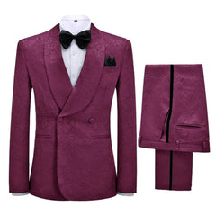 Most Recent Burgundy Jacquard Shawl Collar Double-Breasted Wedding Suit