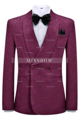 Most Recent Burgundy Jacquard Shawl Collar Double-Breasted Wedding Suit