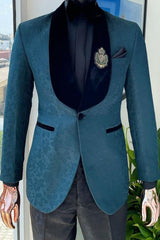 Most Recent Ocean Blue Shawl Collar Jacquard Wedding Suit