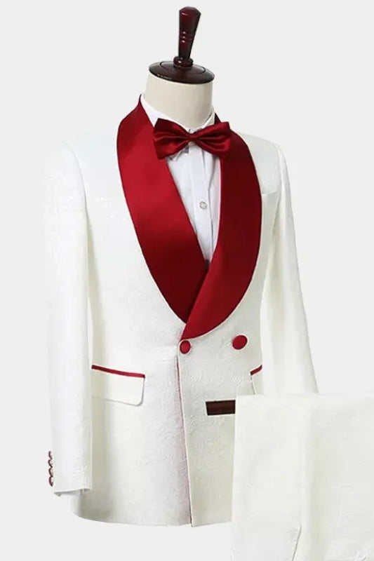Most Recent White Double-Breasted Jacquard Wedding Suit With Red Shawl Collar