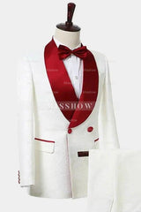 Most Recent White Double-Breasted Jacquard Wedding Suit With Red Shawl Collar