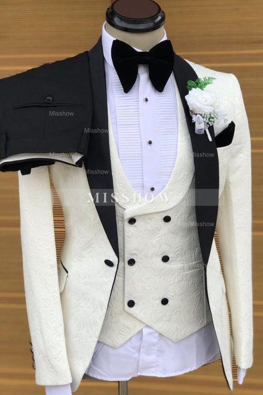 Most Recent White Jacquard Shawl Collar Three-Piece Wedding Suit
