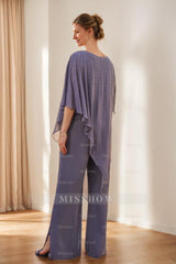 Mother of the Bride 2-Piece Chiffon Pantsuit with 3/4 Sleeves and Rhinestones
