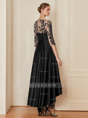 Mother of the Bride A-Line Princess Dress with Scoop Neck 3/4 Sleeves and Asymmetrical Appliques