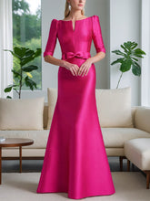 Mother of the Bride A-Line Princess Dress with Scoop Neck Half Sleeves and Bow Belt