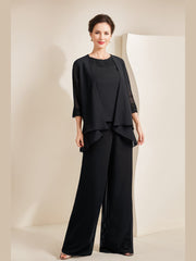 Mother of the Bride Black Chiffon Pantsuit with 3/4 Sleeves Scoop Neck Appliques and Jacket