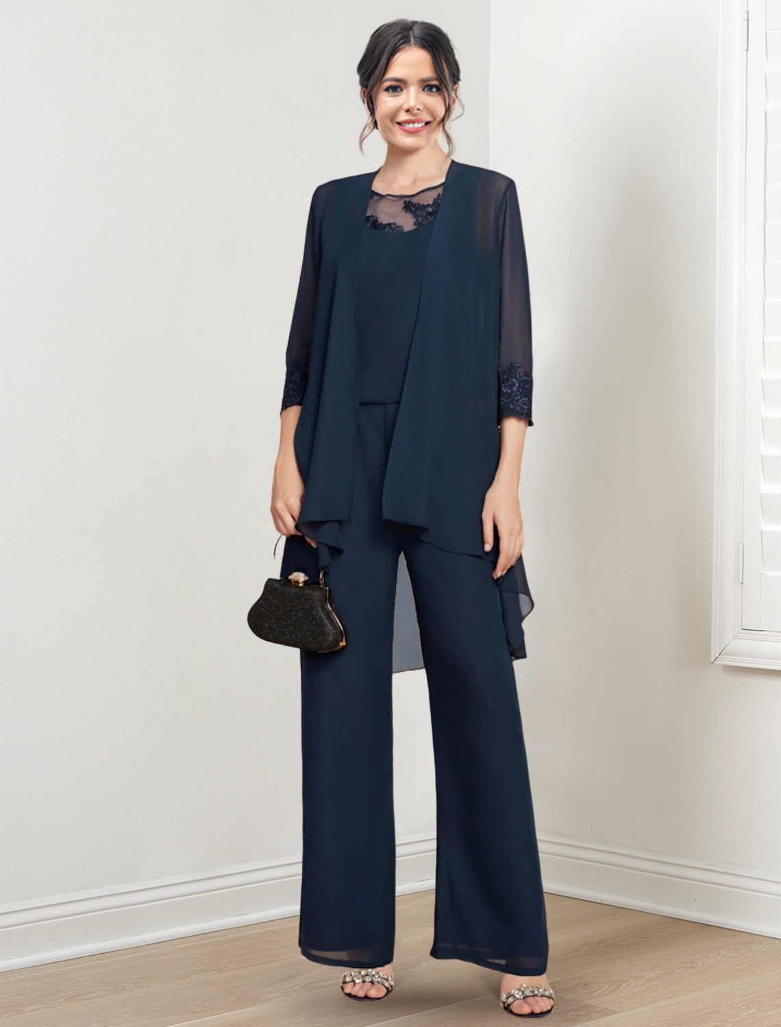 Mother of the Bride Scoop Neck Chiffon Pantsuit with Jacket
