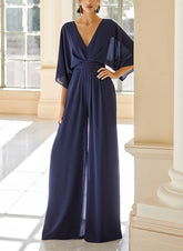 Mother of the Bride V-Neck Chiffon Pantsuit Featuring Pockets