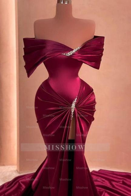 Mulberry Mermaid Off-The-Shoulder Ruffles Split Front Prom Evening Dresses with Beadings