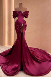 Mulberry Mermaid Off-The-Shoulder Ruffles Split Front Prom Evening Dresses with Beadings