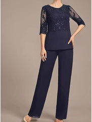 Navy Blue Chiffon 3-Piece Mother of the Bride Pants Suit Scoop Neck 3/4 Sheer Illusion Lace Sequin Beaded Top Straight Chiffon Pants Matching Chiffon Open-Front Jacket