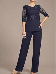 Navy Blue Chiffon 3-Piece Mother of the Bride Pants Suit Scoop Neck 3/4 Sheer Illusion Lace Sequin Beaded Top Straight Chiffon Pants Matching Chiffon Open-Front Jacket