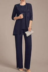 Navy Blue Chiffon 3-Piece Mother of the Bride Pants Suit Scoop Neck 3/4 Sheer Illusion Lace Sequin Beaded Top Straight Chiffon Pants Matching Chiffon Open-Front Jacket