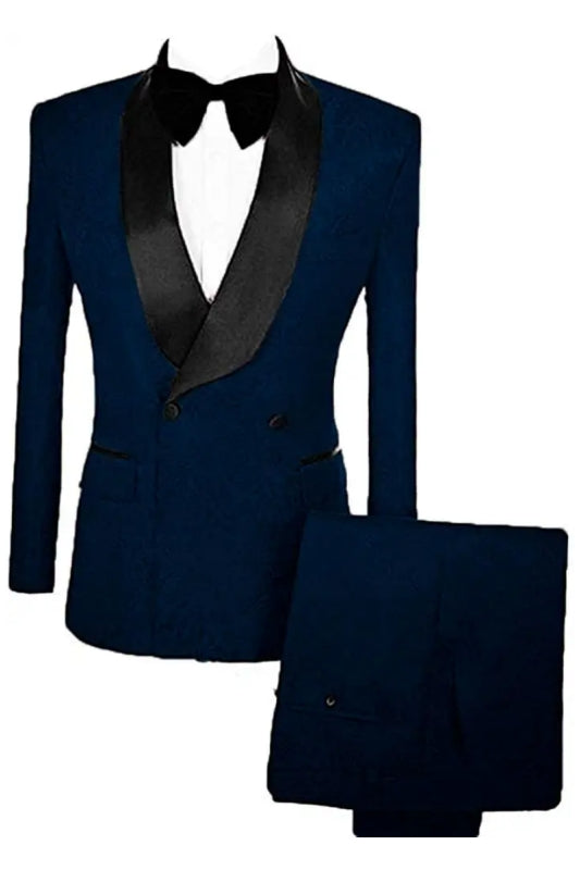 Navy Blue Double Breasted Jacquard Slim Fit Groom's Suit With Velvet Lapel