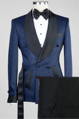 Navy Blue Jacquard Shawl Collar Double Breasted Elegant Wedding Suit