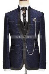 Navy Blue Jacquard Shawl Collar Three-Piece Latest Wedding Ensemble