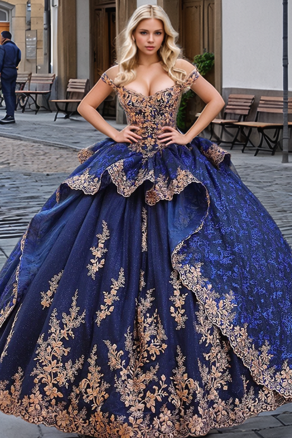 Navy Blue Off-Shoulder Sleeveless Gold Floral Applique Tiered Ball Gown Quinceanera Dress