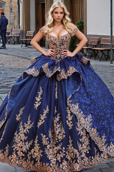 Navy Blue Off-Shoulder Sleeveless Gold Floral Applique Tiered Ball Gown Quinceanera Dress