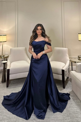 Navy off-the-shoulder pleated mermaid evening dress