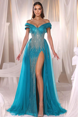 Turquoise off-the-shoulder beaded mermaid evening dress