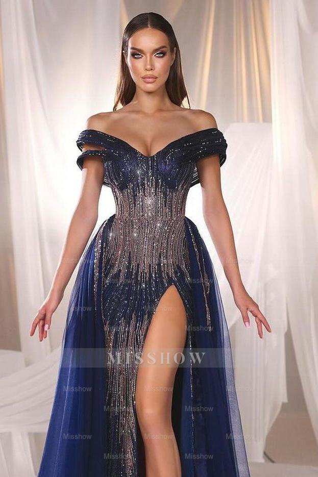 Navy Blue Off the Shoulder Beadings Strapless Long Formal Dress With High Split