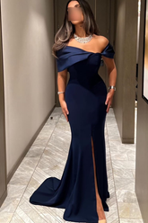 Navy off-the-shoulder ruffled mermaid evening dress