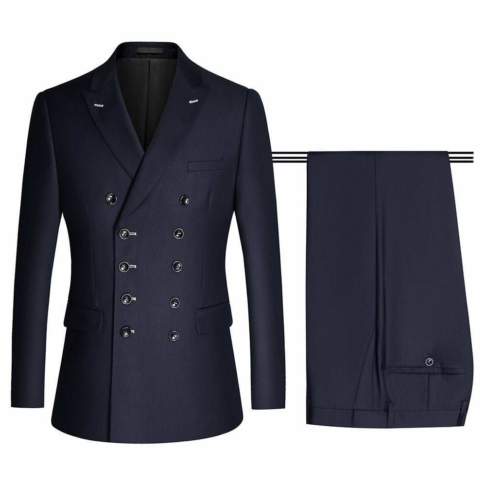 Navy Blue Peak Lapel Double-Breasted Slim Fit Business Ensemble