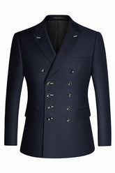 Navy Blue Peak Lapel Double-Breasted Slim Fit Business Ensemble