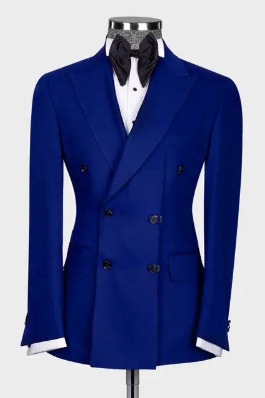 Navy Blue Peaked Lapel Double Breasted Slim Fit Prom Ensemble