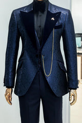 Navy Blue Peaked Lapel Jacquard Three-Piece Prom Suit New Collection