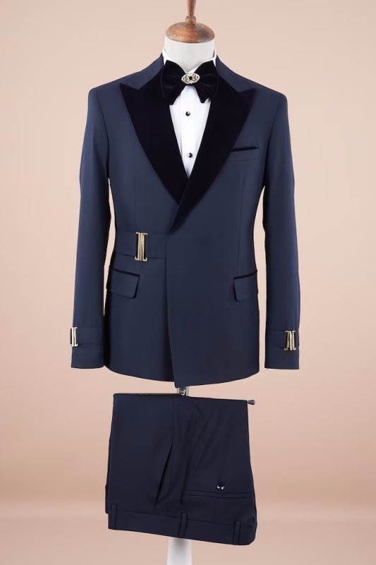Navy Blue Peaked Lapel Two-Piece Fancy Prom Suit
