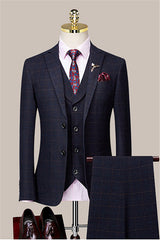Navy Blue Plaid Slim Fit Peaked Lapel Men's Suit