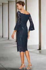 Navy Blue Sequin Lace Sheath Mother of the Bride Dress Off Shoulder Bell Sleeve Bow Back Tea Length