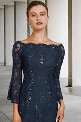 Navy Blue Sequin Lace Sheath Mother of the Bride Dress Off Shoulder Bell Sleeve Bow Back Tea Length
