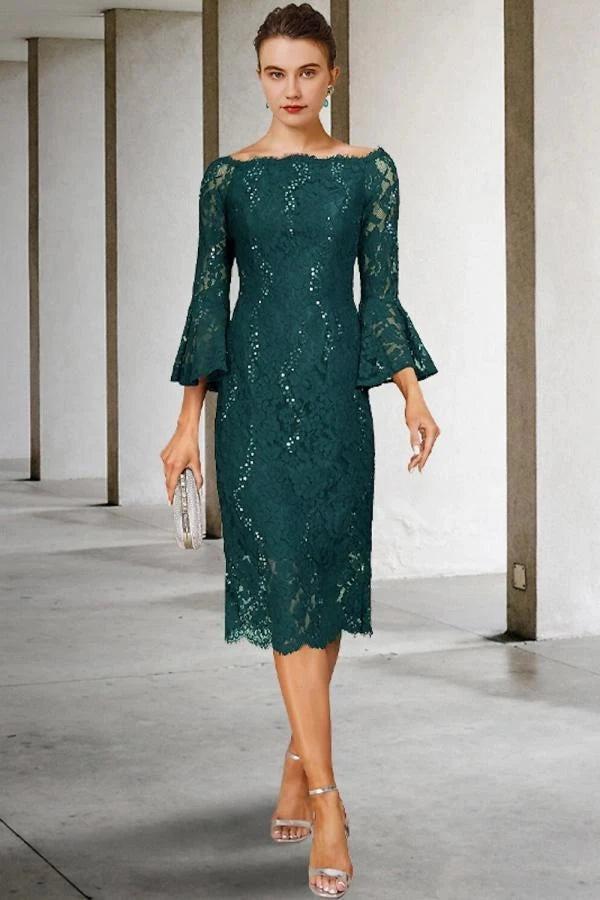 Navy Blue Sequin Lace Sheath Mother of the Bride Dress Off Shoulder Bell Sleeve Bow Back Tea Length