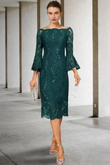 Navy Blue Sequin Lace Sheath Mother of the Bride Dress Off Shoulder Bell Sleeve Bow Back Tea Length