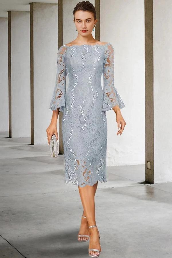 Navy Blue Sequin Lace Sheath Mother of the Bride Dress Off Shoulder Bell Sleeve Bow Back Tea Length