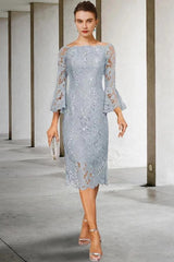 Navy Blue Sequin Lace Sheath Mother of the Bride Dress Off Shoulder Bell Sleeve Bow Back Tea Length