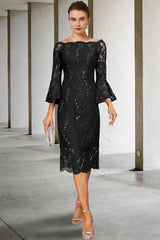 Navy Blue Sequin Lace Sheath Mother of the Bride Dress Off Shoulder Bell Sleeve Bow Back Tea Length