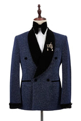 Navy Blue Sequined Double Breasted Fitted Wedding Ensemble With Black Velvet Lapel