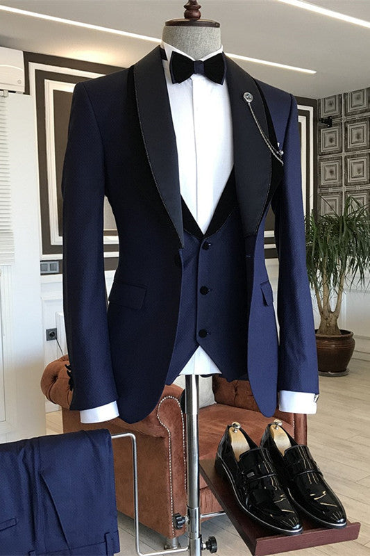 Navy Blue Shawl Collar Three-Piece Elegant Groom's Suit